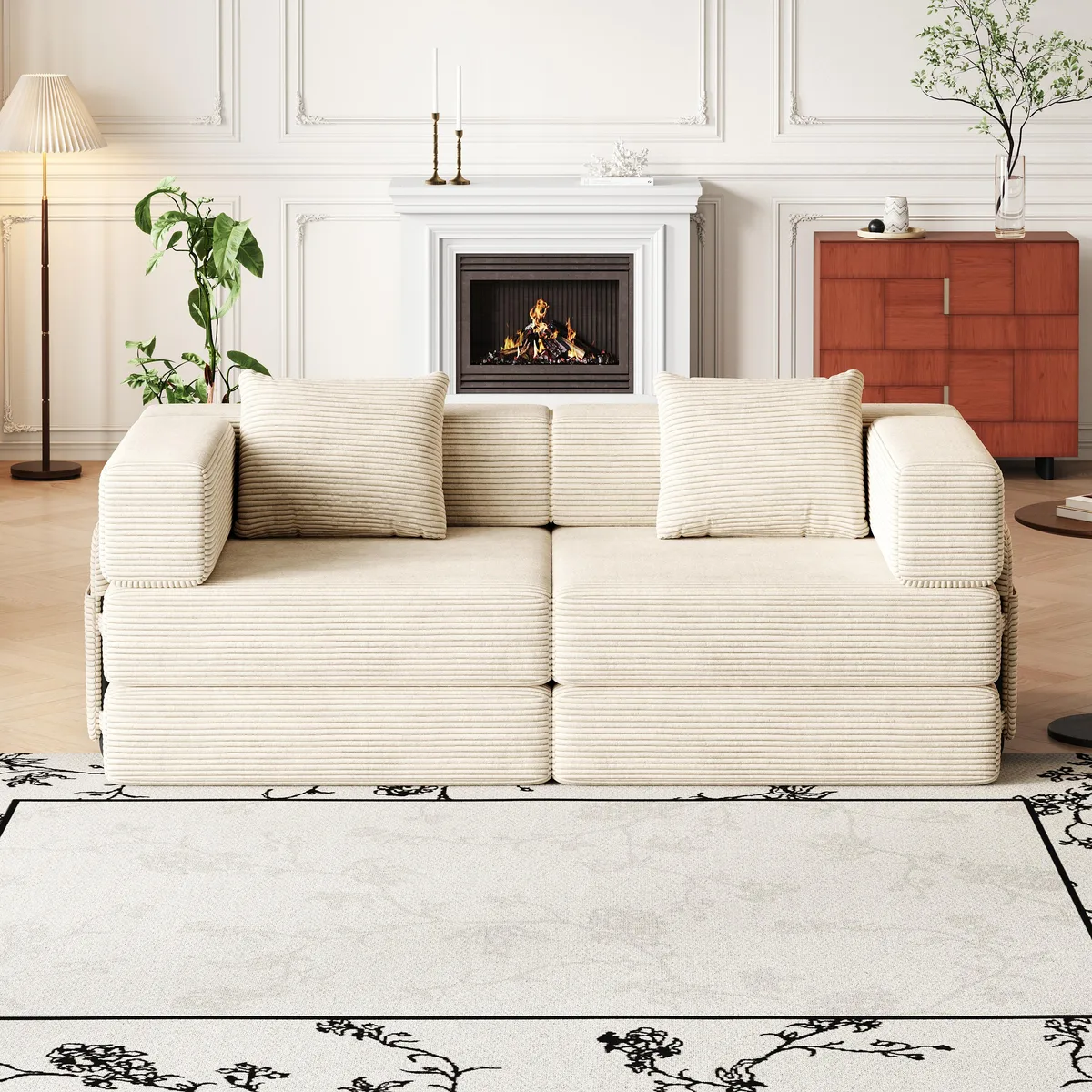 Beige corduroy convertible sofa bed folded with side pockets and two cushions