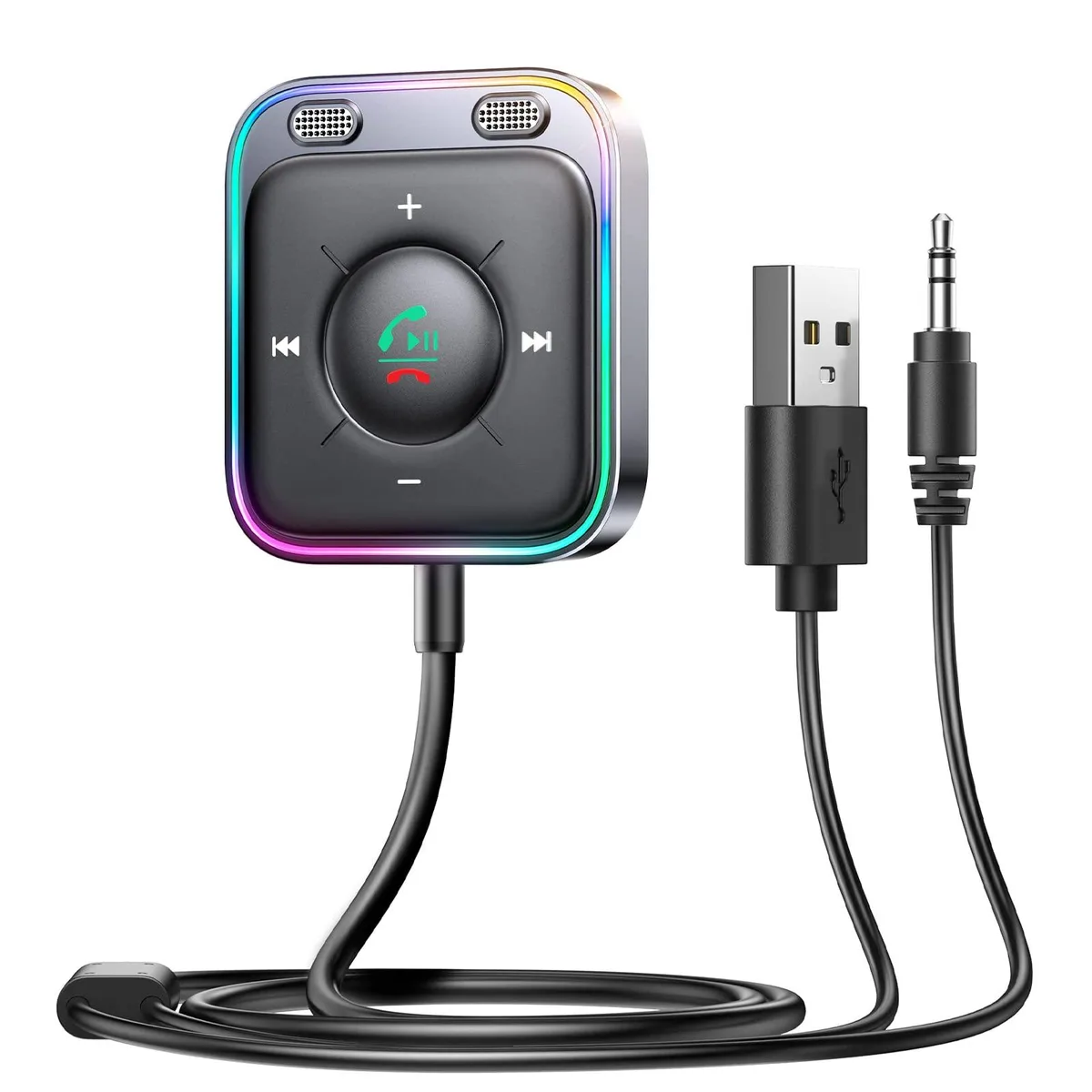 Small black Bluetooth 6.0 AUX car adapter with 3.5mm plug and multifunction button