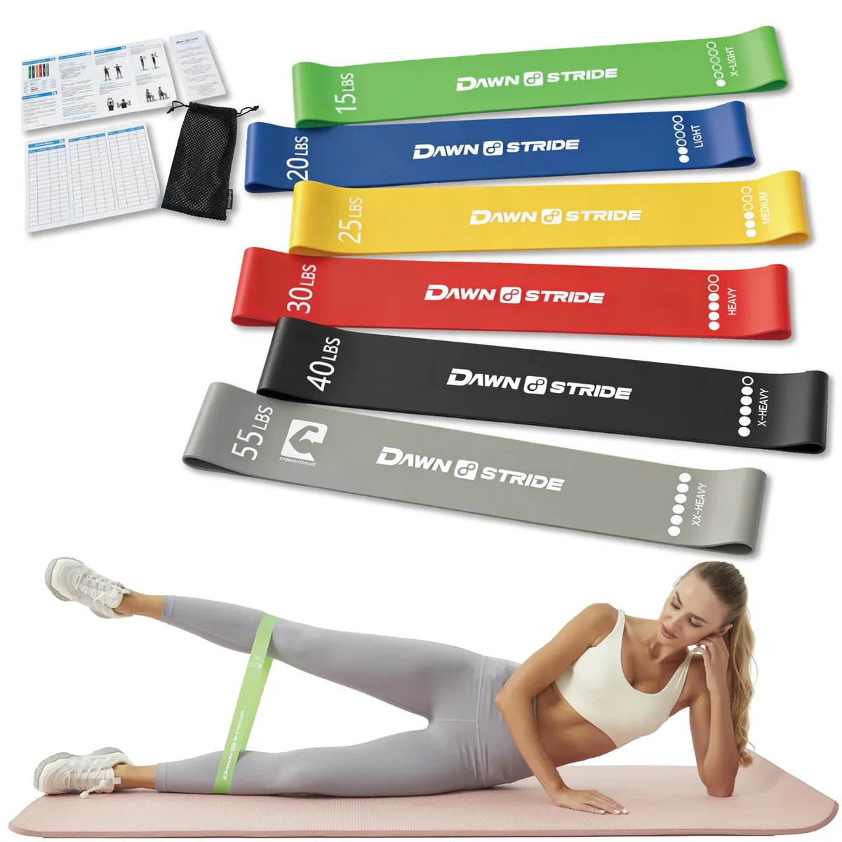 Six coloured latex loop bands in a carry bag