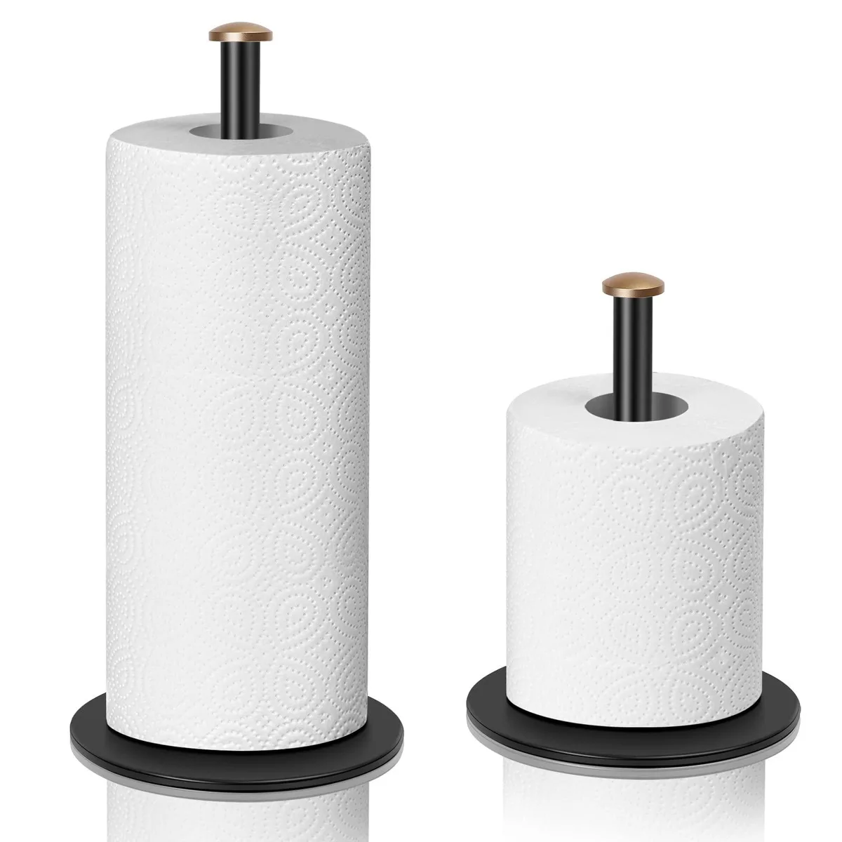Matte black adjustable paper towel stand with two poles and weighted base, 6.3 by 14.1 inches