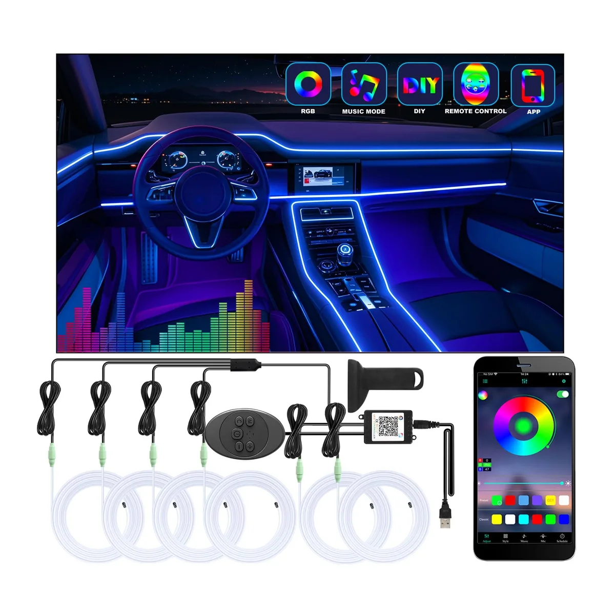  6 in 1 Car Led Strip Lights App Control RGB Interior — product photo