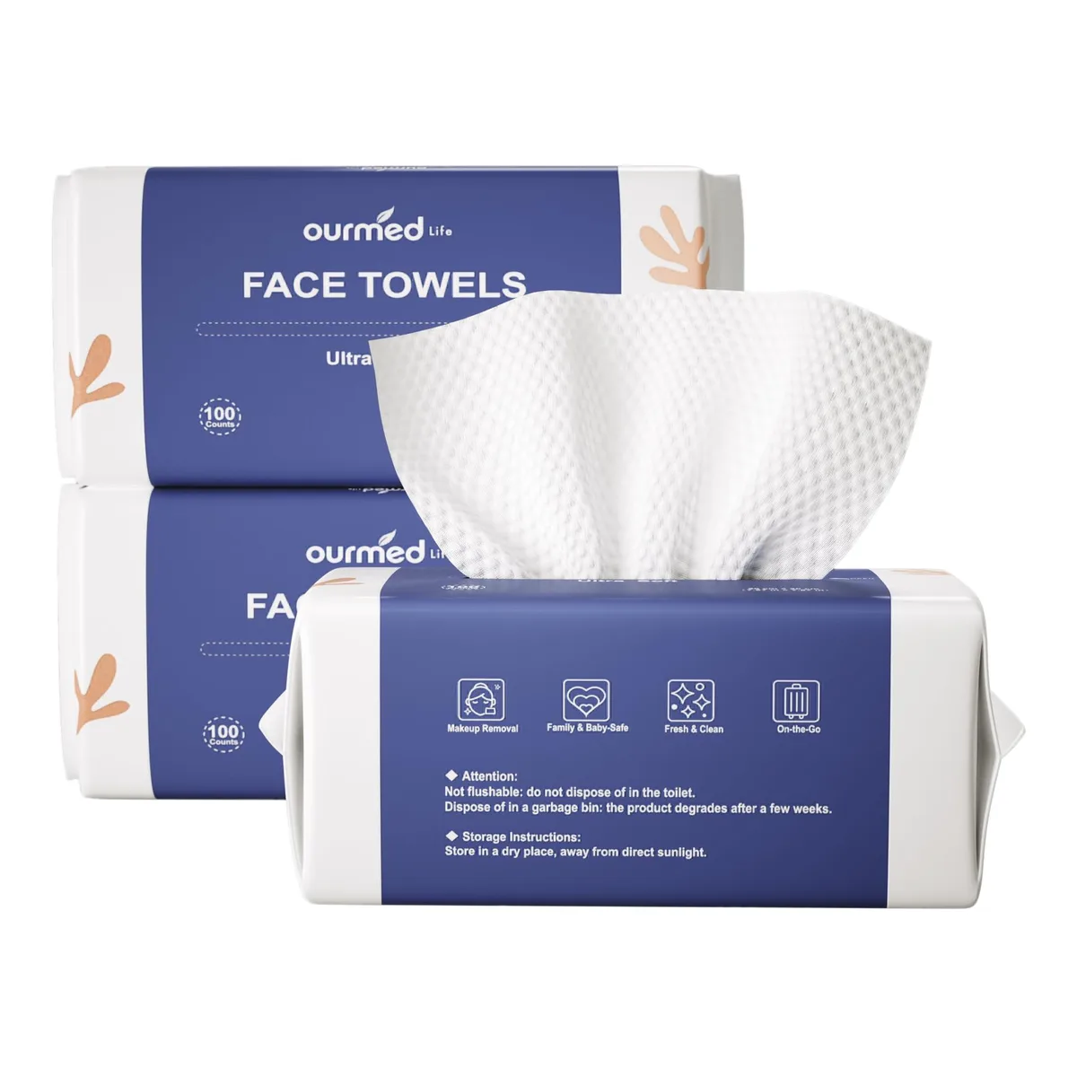 White rectangular box containing 300 disposable rayon face towels with dot texture, unscented, lint-free, biodegradable
