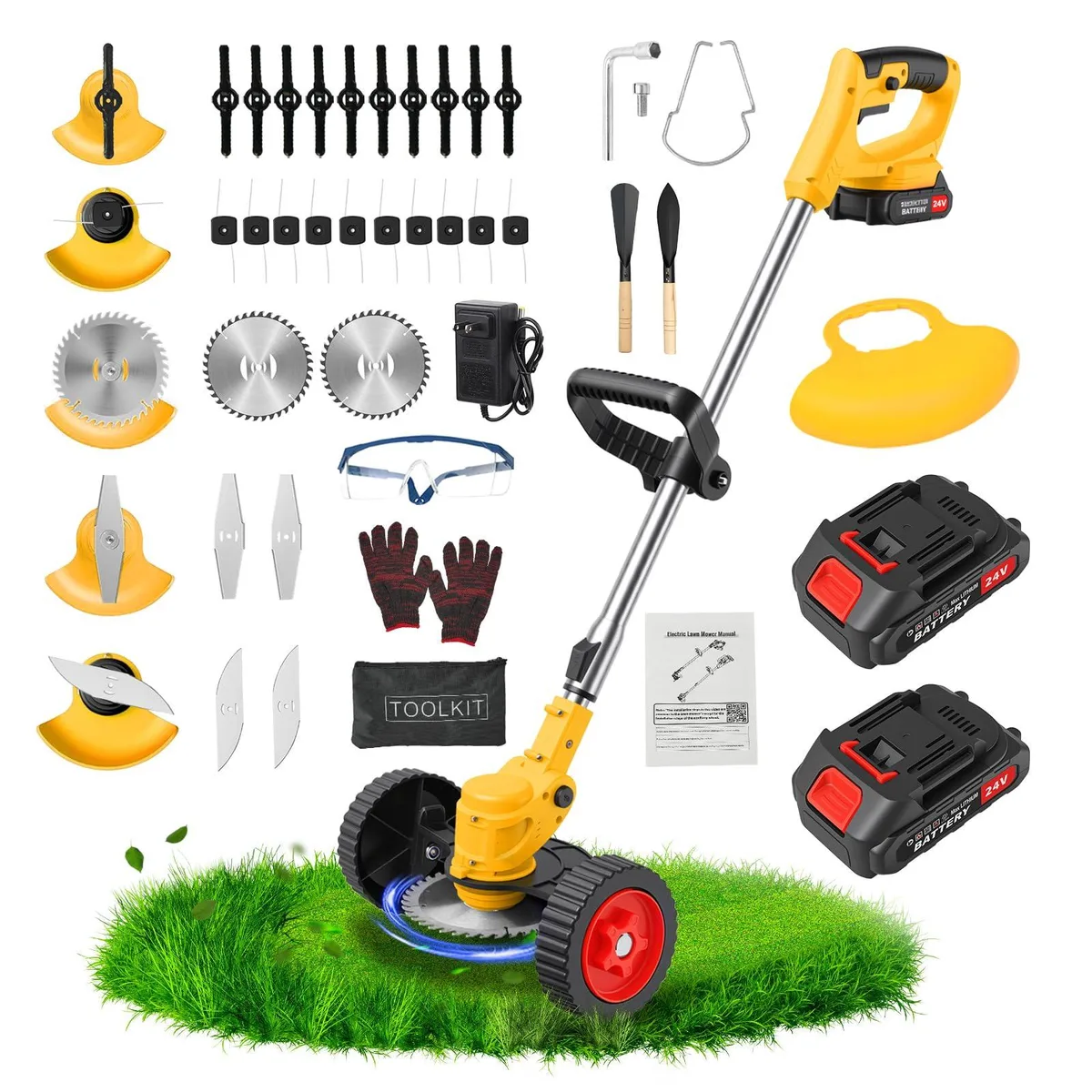 Yellow cordless grass trimmer with two batteries, adjustable shaft and wheels