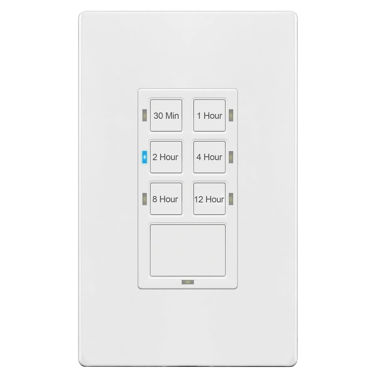White wall-mounted timer switch with seven push buttons and blue LED indicators, screwless wall plate included