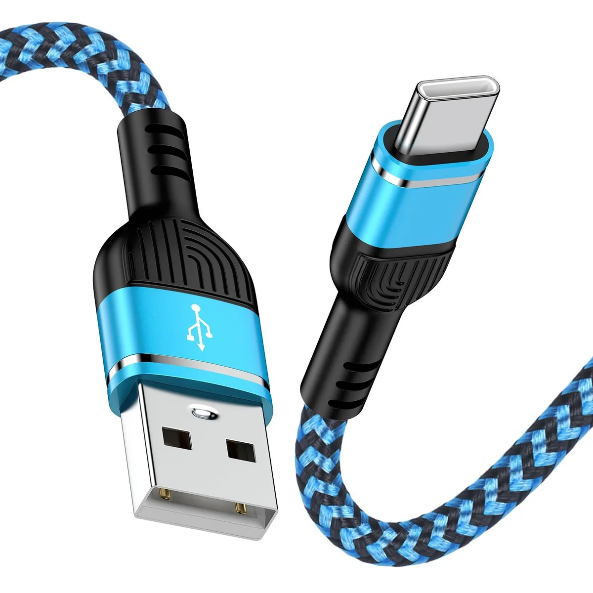 Blue braided USB-A to USB-C cable, six feet long, male-to-female connectors