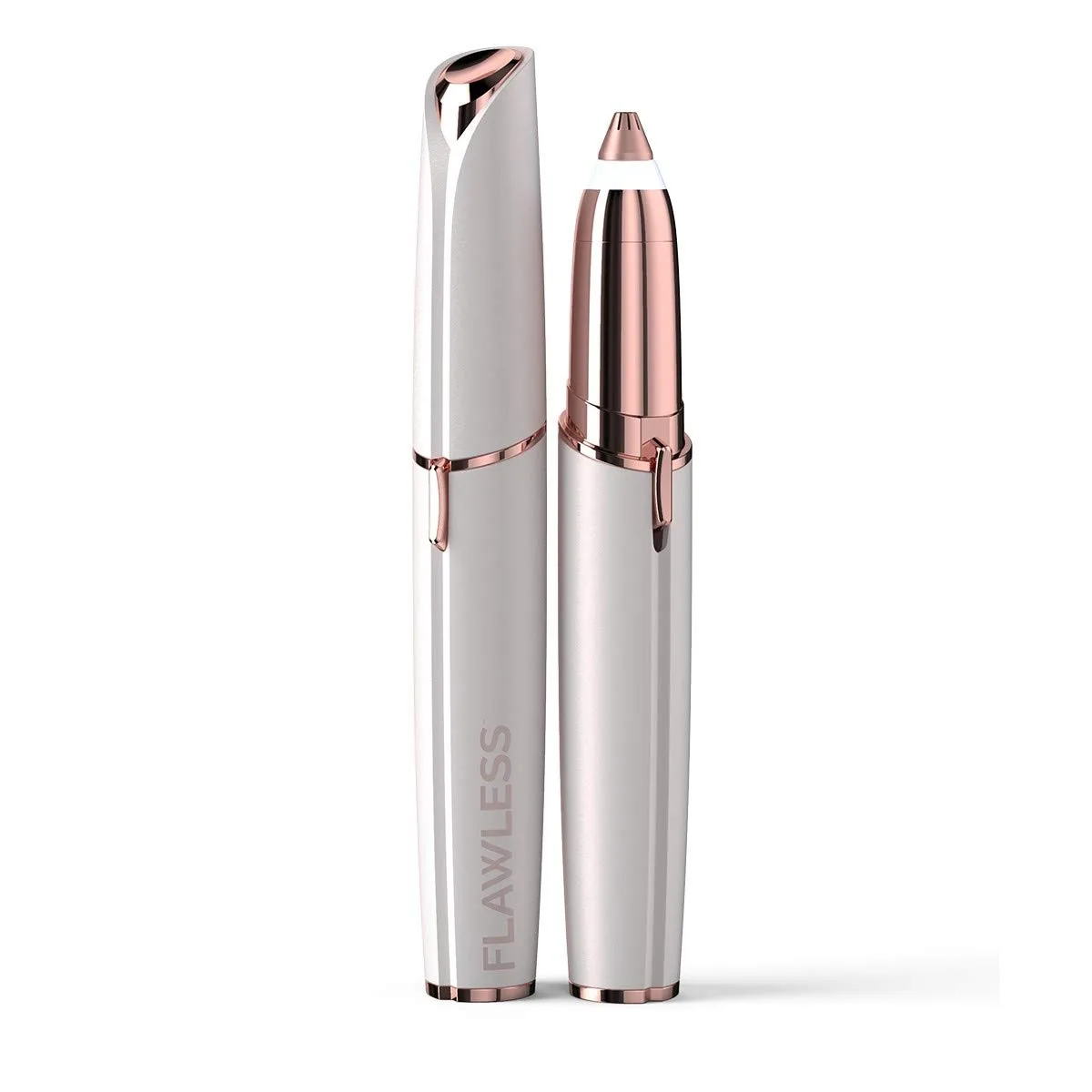 Pink pen-shaped eyebrow trimmer with gold-plated head and built-in LED light