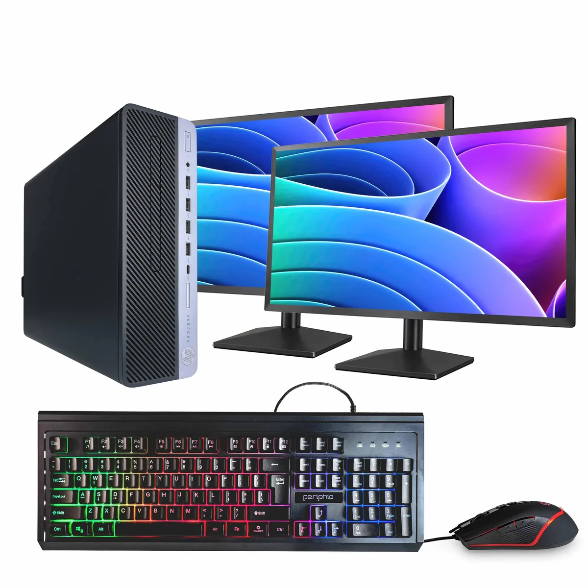 HP HP ProDesk 600G4 desktop PC i7-8700 16GB DDR3 500GB SSD 500GB HDD dual 24" monitors — product photo
