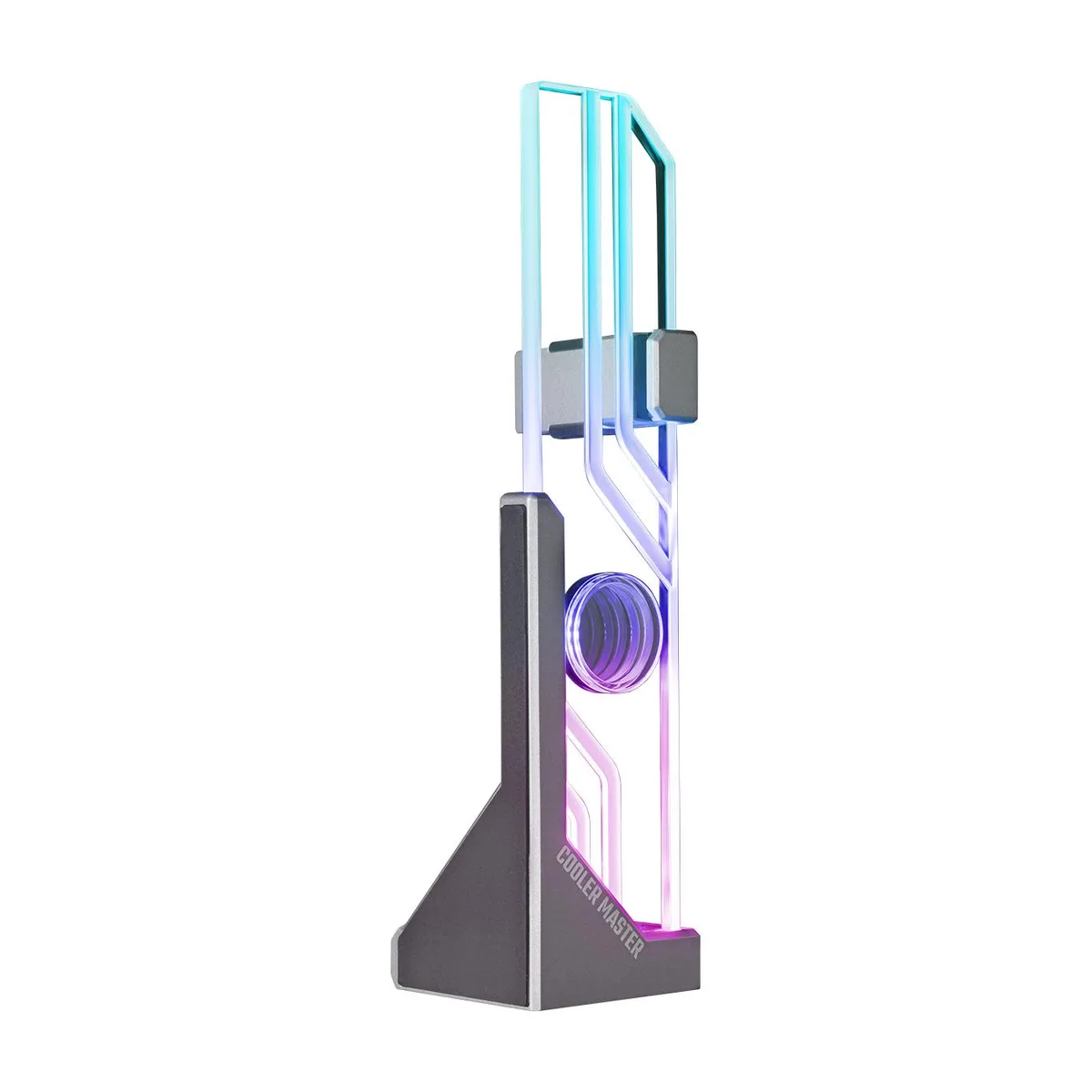 Silver-gray aluminum GPU support with infinity mirror tempered glass and ARGB lighting, tool-free magnetic base