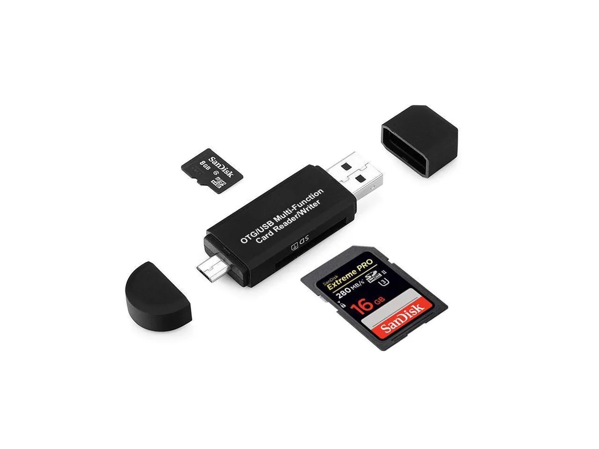 Compact dual-plug card reader with standard USB and micro USB connectors, matte black plastic body