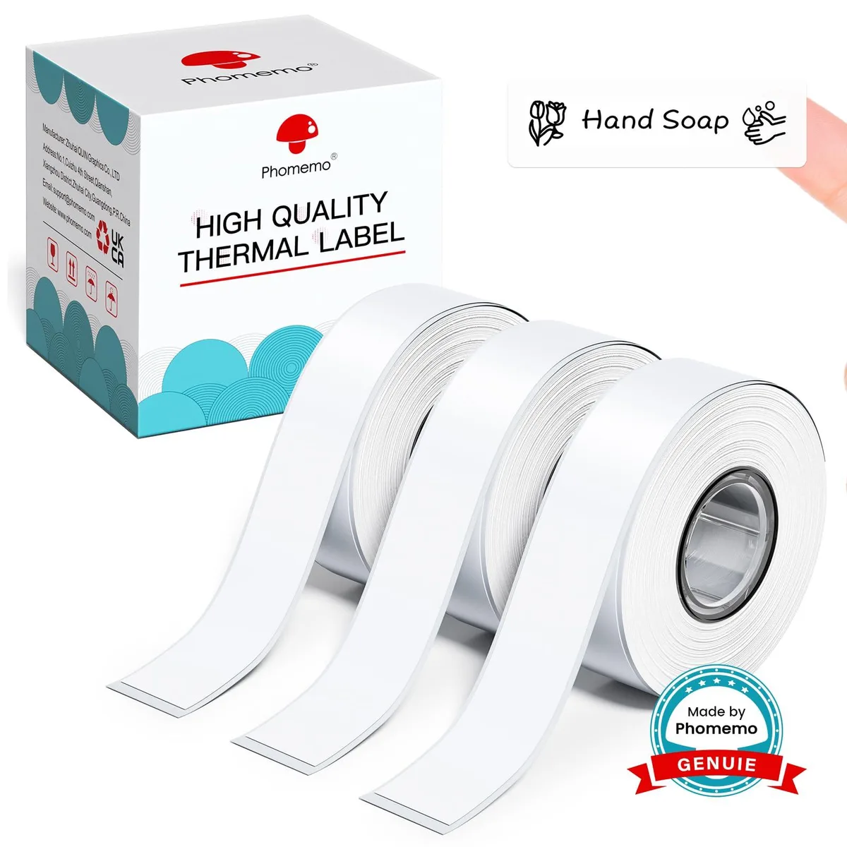 Three rolls of white thermal label tape with black print, 15 mm wide, in a small cube box