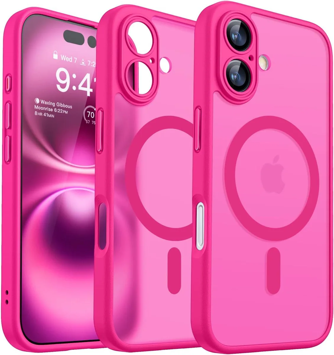 Translucent matte hot pink iPhone 16 case with MagSafe ring