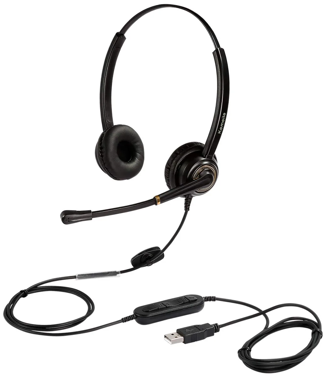 Black over-ear USB headset with leatherette cushions and adjustable steel headband