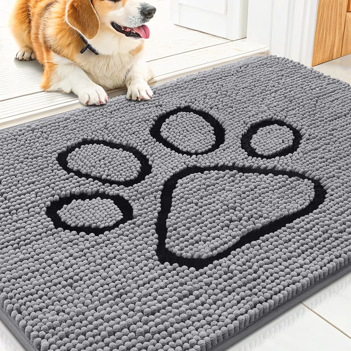 Grey and black chenille door mat with dog paw pattern 30 by 20 inches