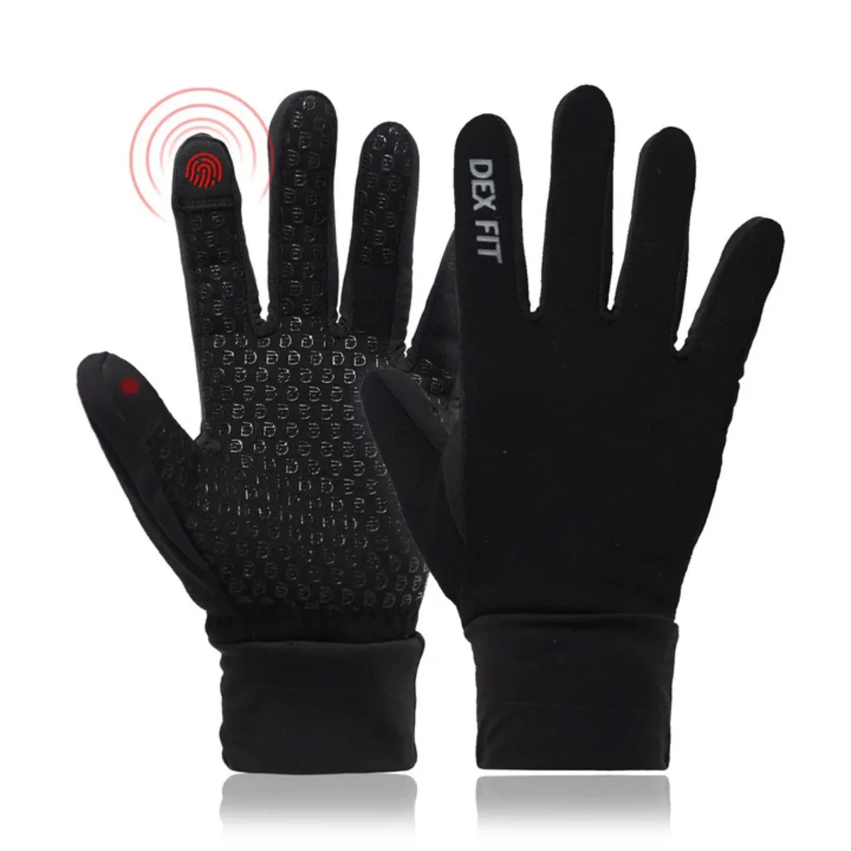 Black lightweight winter gloves with slim stretch fit and touchscreen fingertips