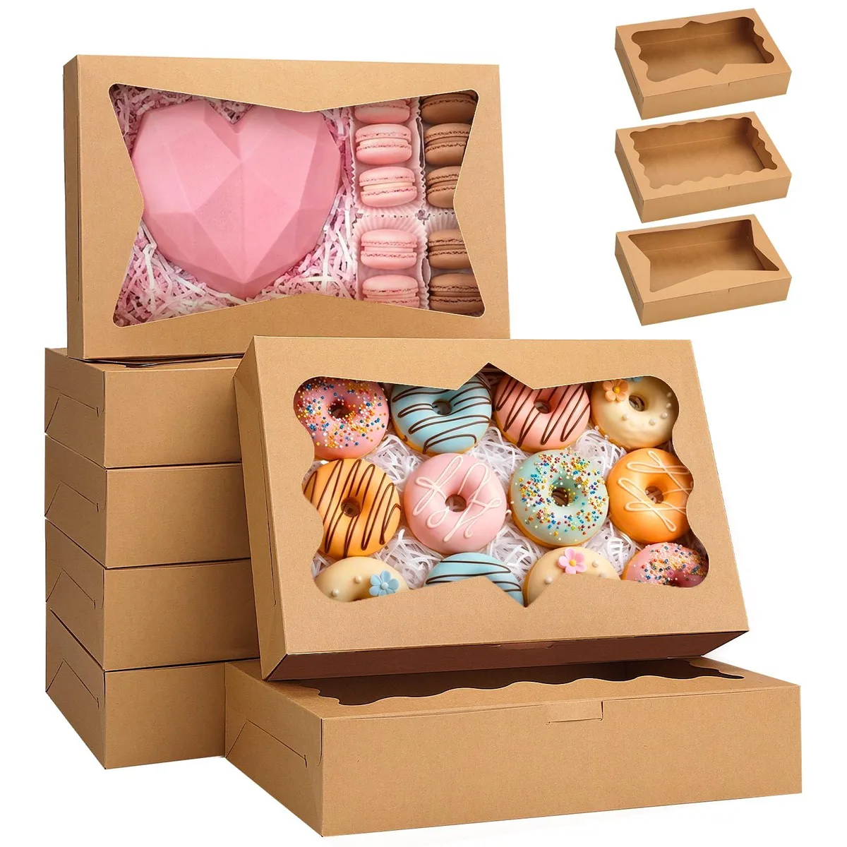 Seven flat-folded brown cardboard bakery boxes with clear window panels