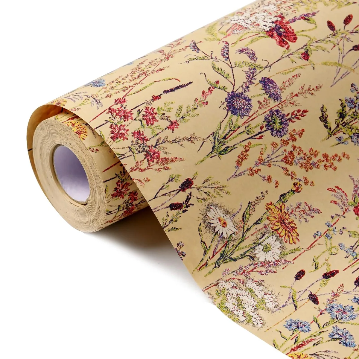 A roll of floral-patterned kraft paper stickers, 17 inches wide, natural white card stock