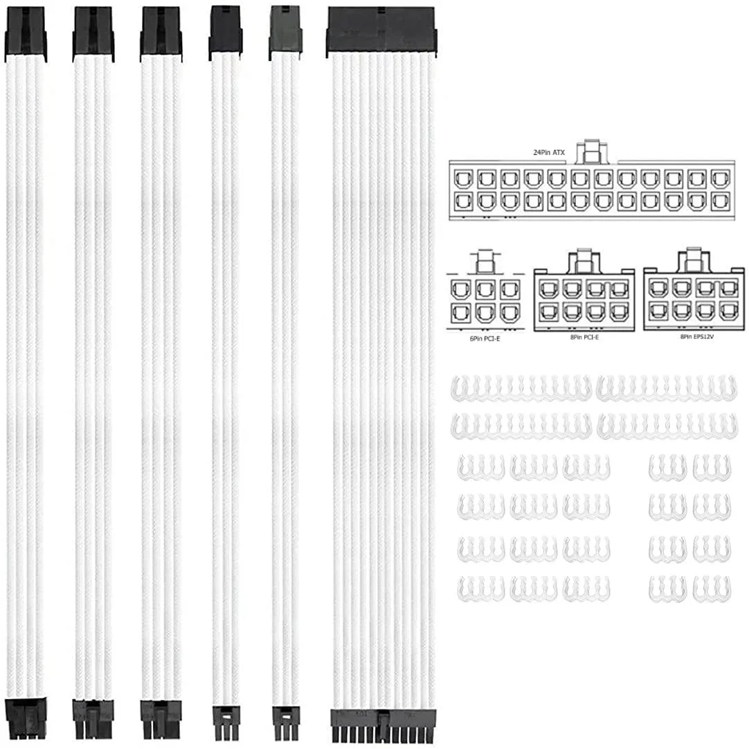 myVolts myVolts Braided ATX Cable Extension Kit 24-Pin 8-Pin 6-Pin 18 AWG White — product photo