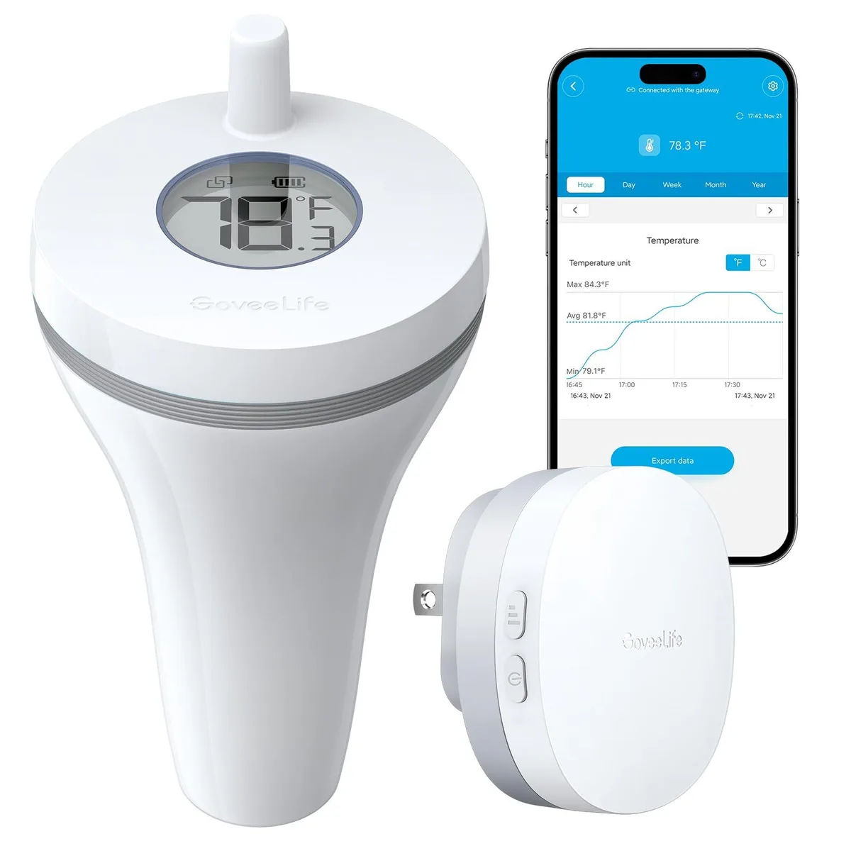 White WiFi gateway and pool thermometer sensor with rubber rings and rope