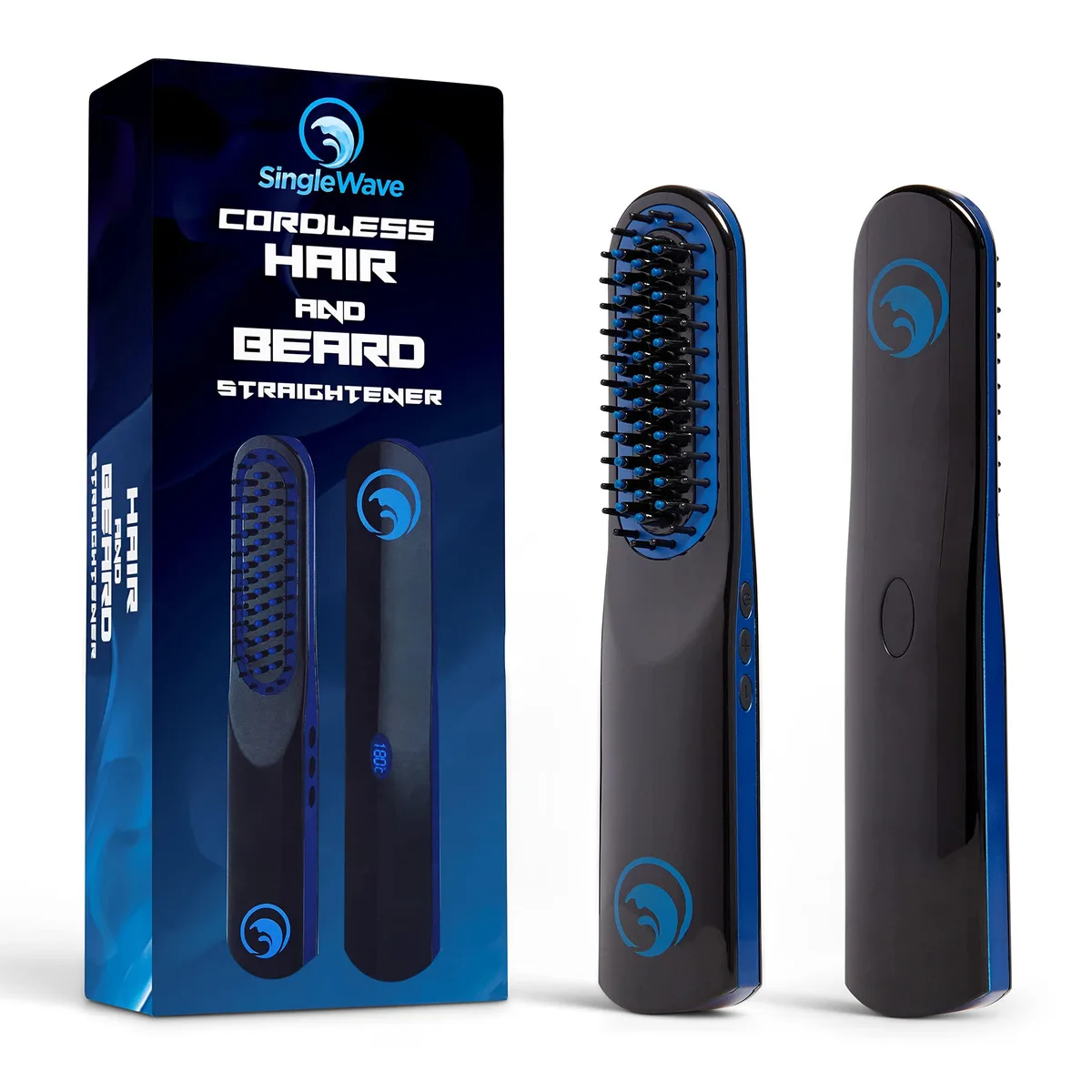 Black and blue cordless beard straightening comb with USB-C charging