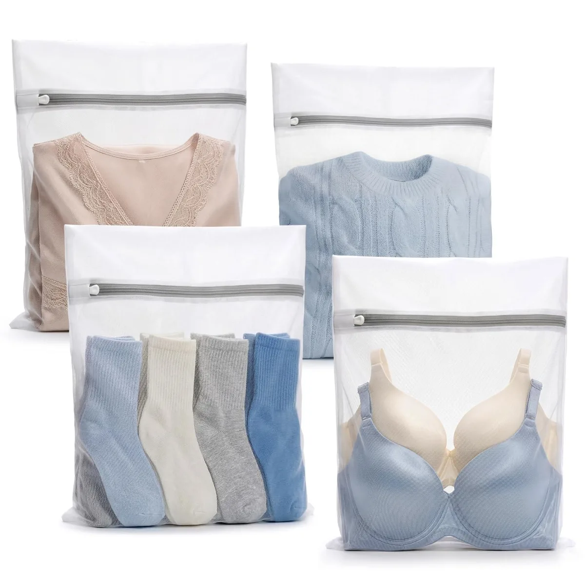 Four white fine-mesh laundry bags with zippers, each 16 by 20 inches