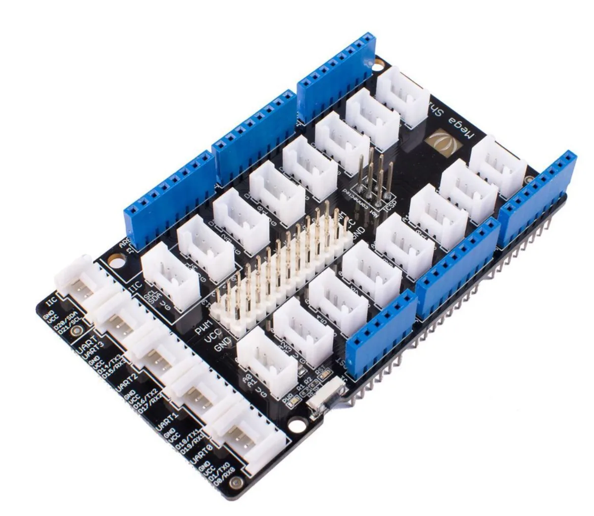 Green rectangular Arduino Mega shield with rows of 4-pin Grove connectors and 3-pin headers, version 1.2