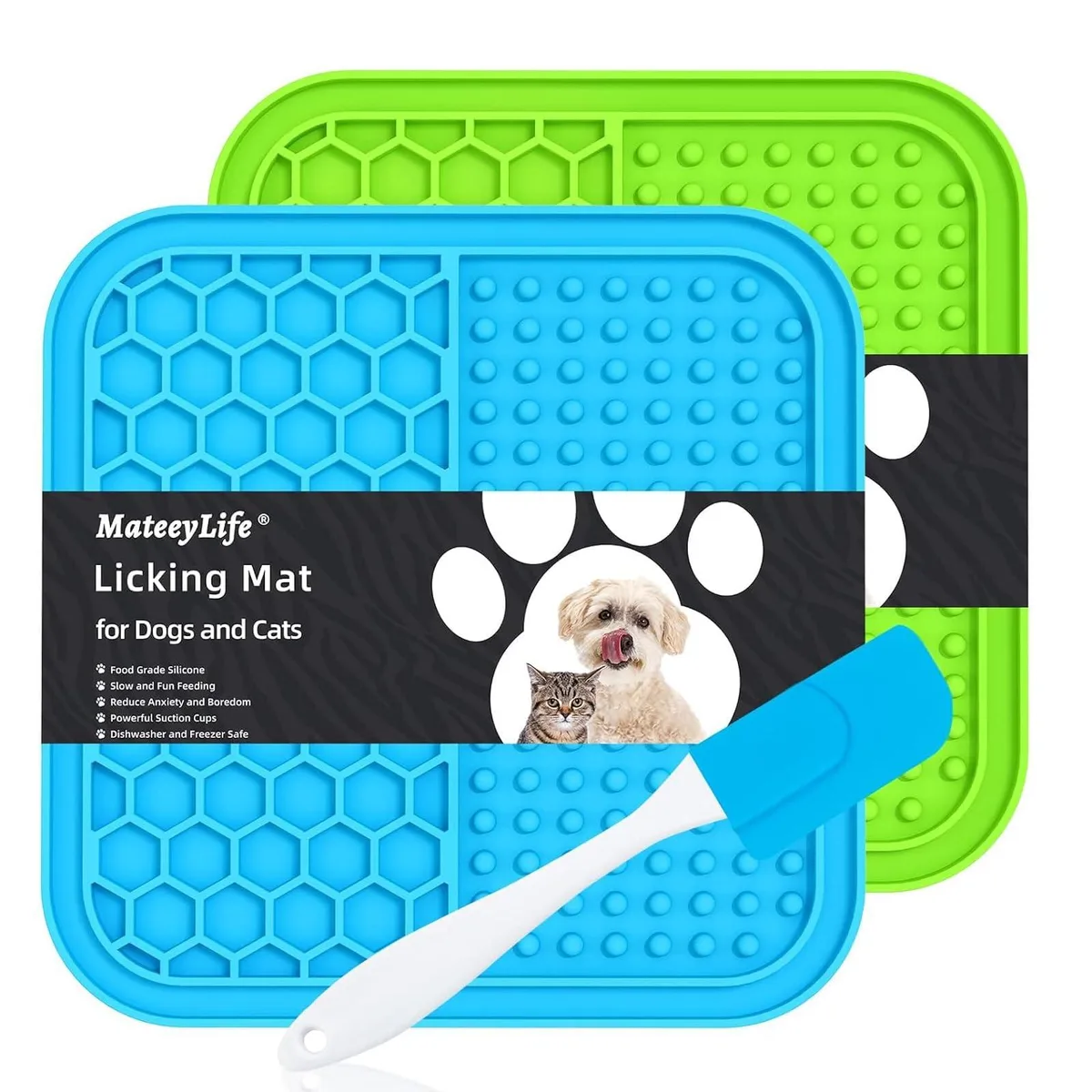 Two small silicone lick mats with 49 suction cups, blue and green