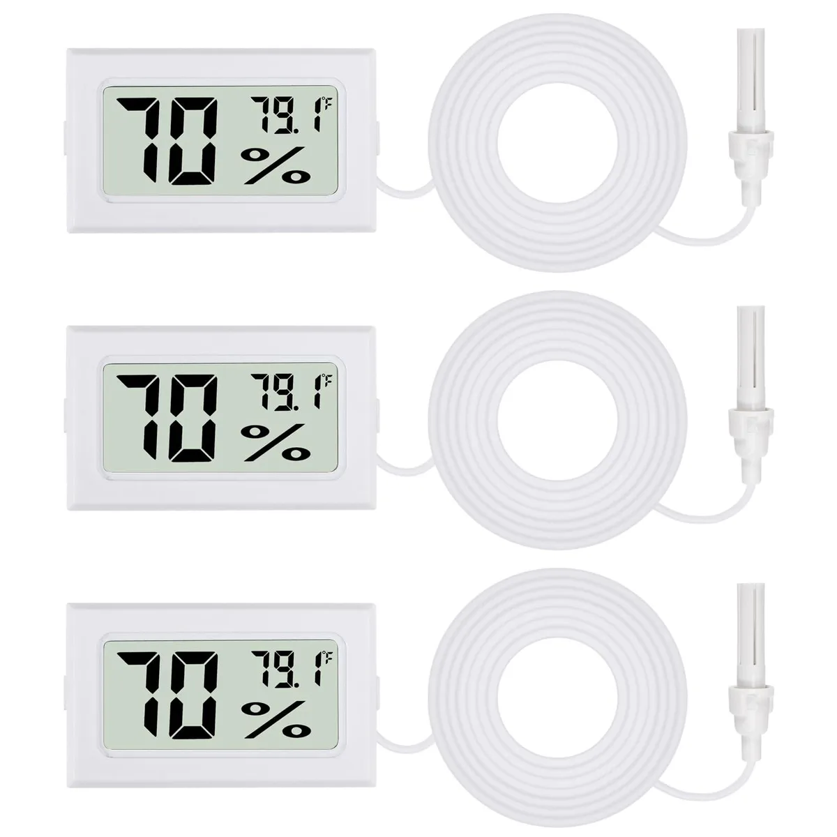 Three white mini digital thermometer hygrometers with probes and LCD screens