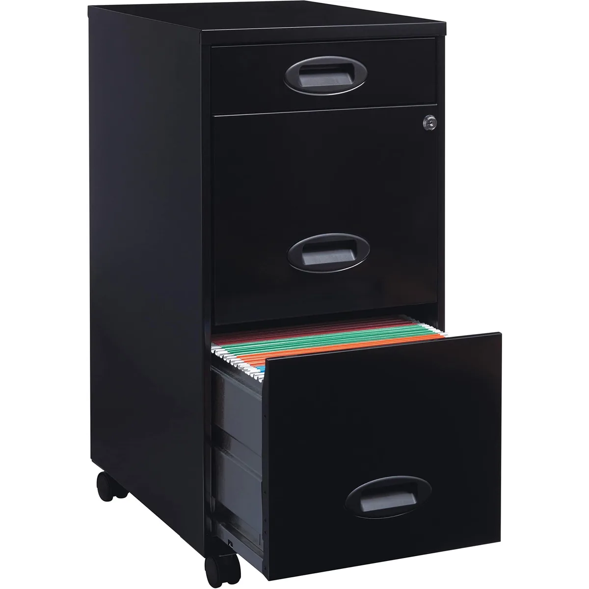 Black steel three-drawer mobile file cabinet with casters and lock