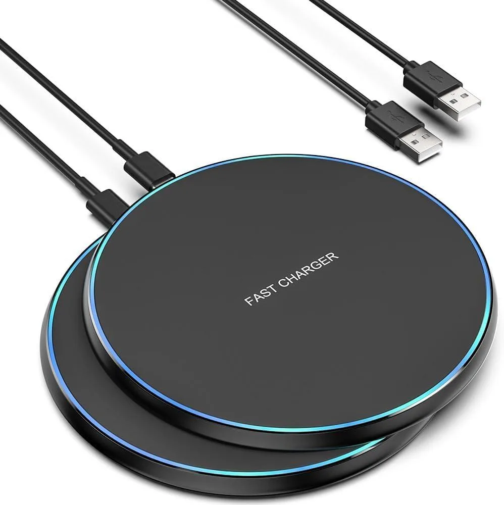 Two slim black wireless charging pads with USB-C cables