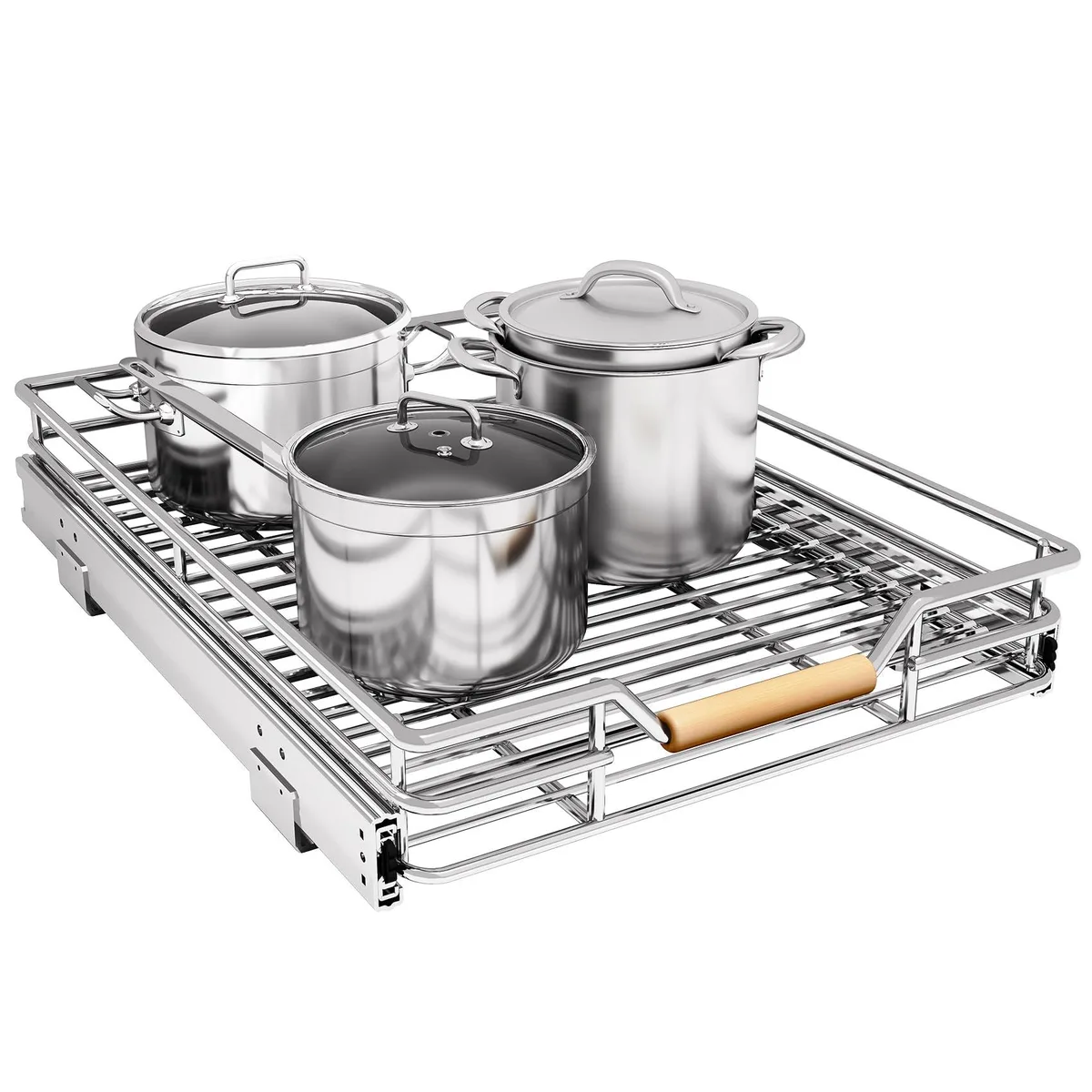 Red pull-out cabinet organizer with wooden handle and sliding rails