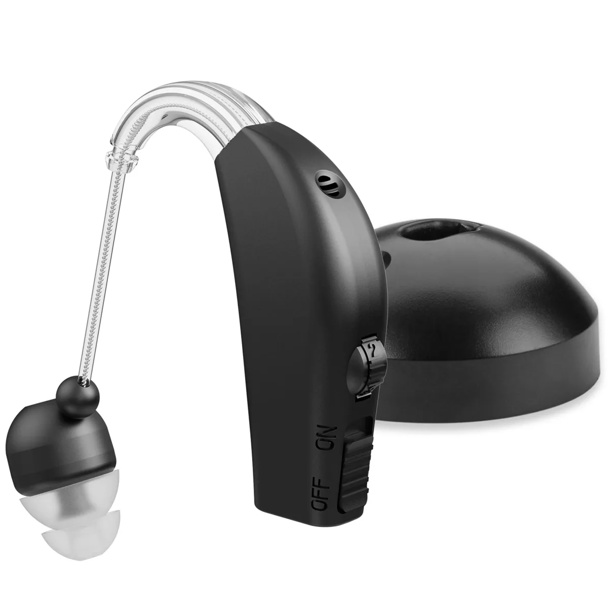 Pair of black behind-the-ear hearing amplifiers with charging docks