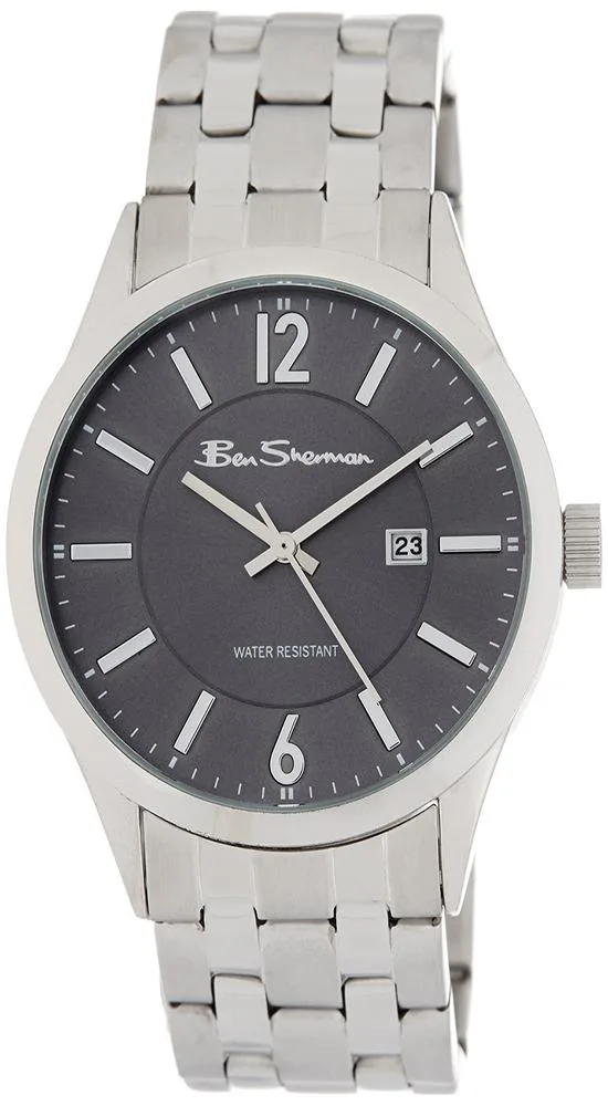 Silver stainless steel round watch with gray dial and Arabic markers, metal bracelet, push-button fold-over clasp