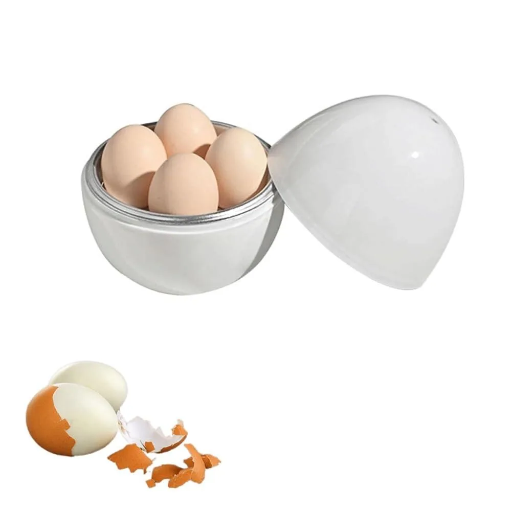 White round microwave egg boiler with vented lid and aluminium tray, holds four eggs