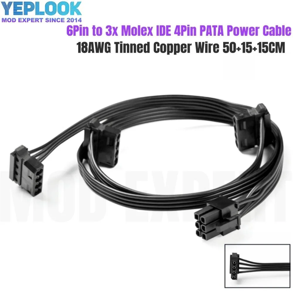 YEPLOOK YEPLOOK 6Pin to 3 Molex 4Pin Angled PATA Power Cable for Corsair HX750 HX850 HX1000 HX1200 Type 4 — product photo