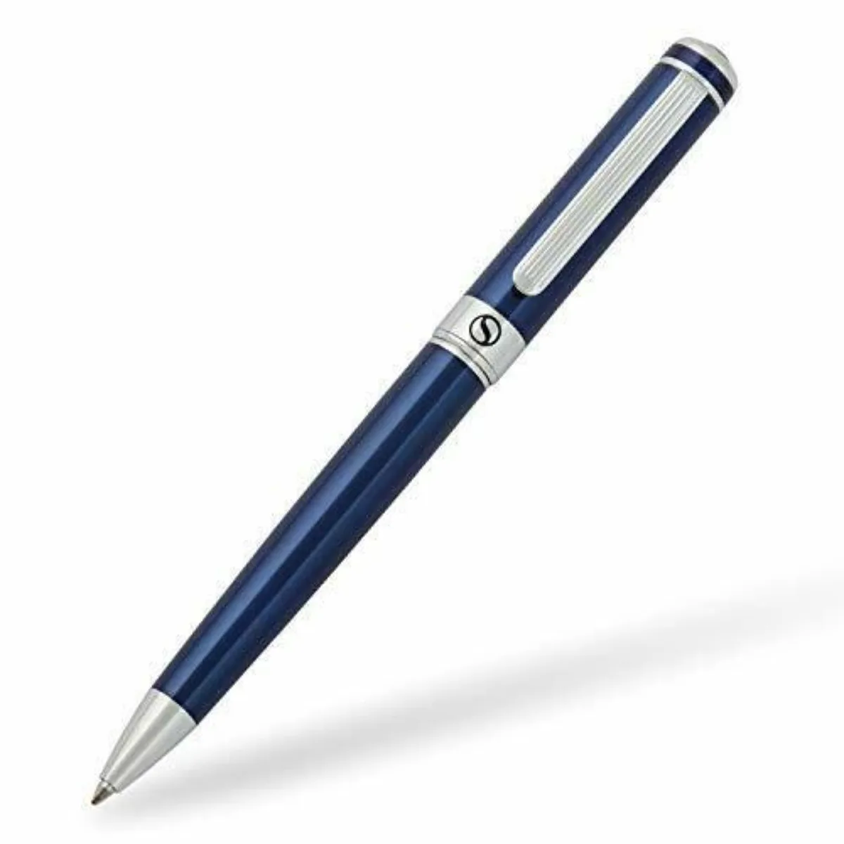 Midnight blue lacquered brass ballpoint pen with chrome trim and refills