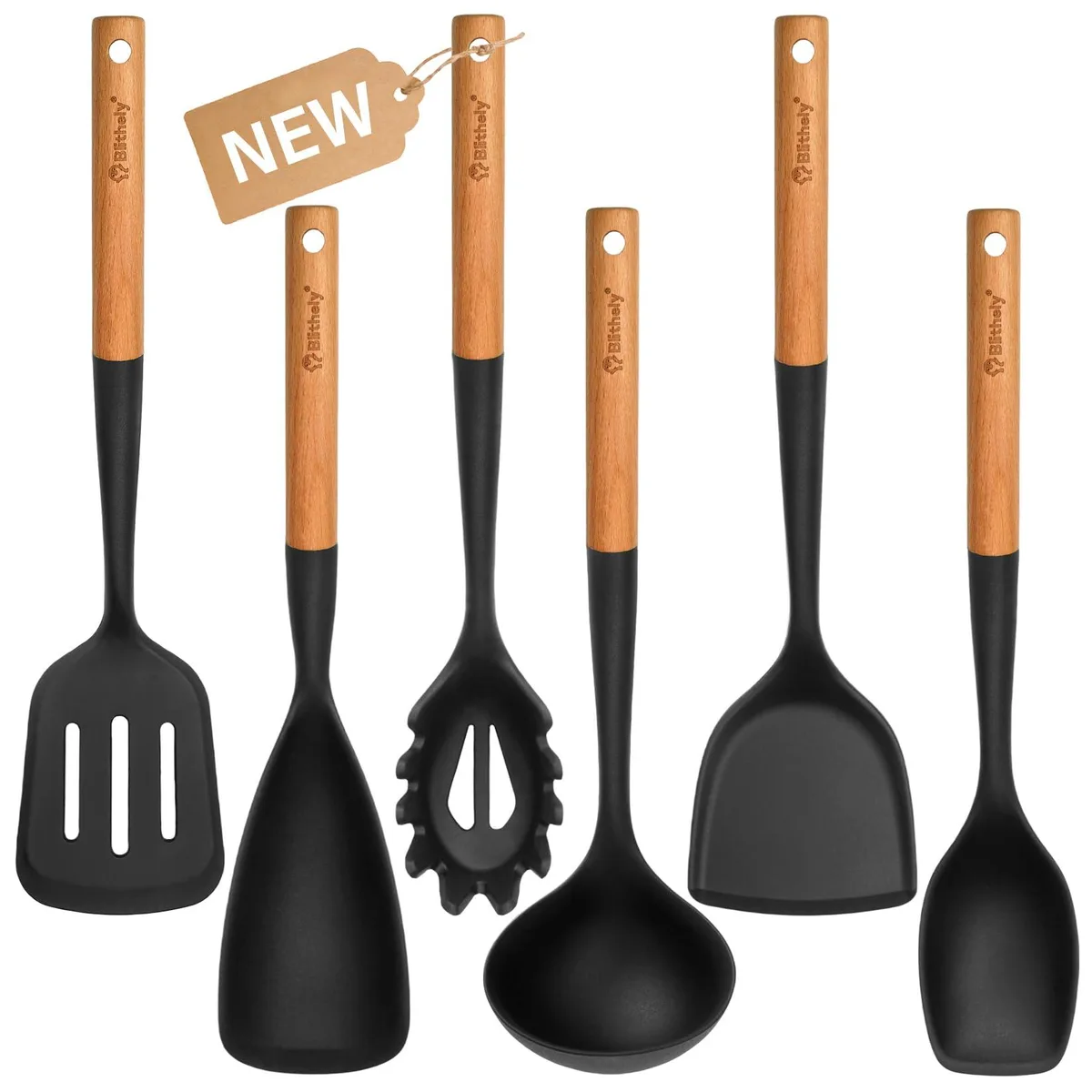 Six black silicone cooking tools with wooden handles, each with a hanging loop