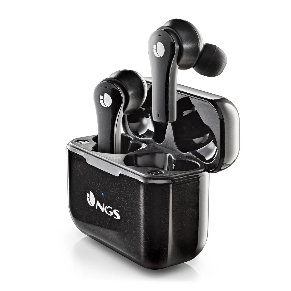 Black true wireless in-ear earbuds with compact charging case