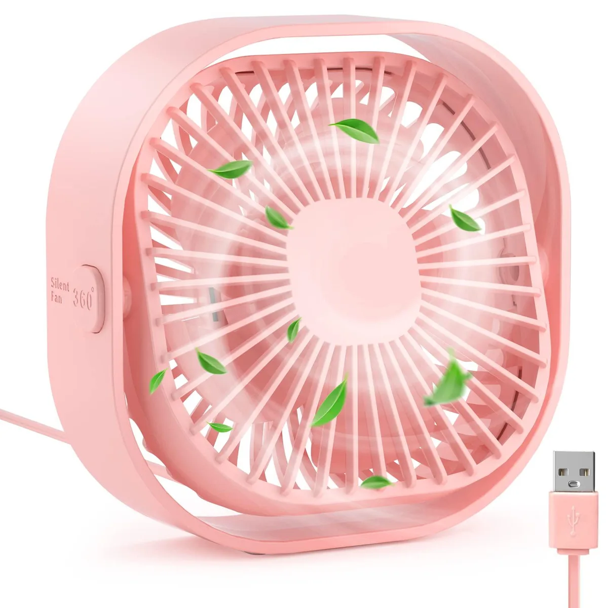 Compact 4.8-inch USB desk fan, metal finish, five blades, 360-degree rotatable base, button control, free-standing