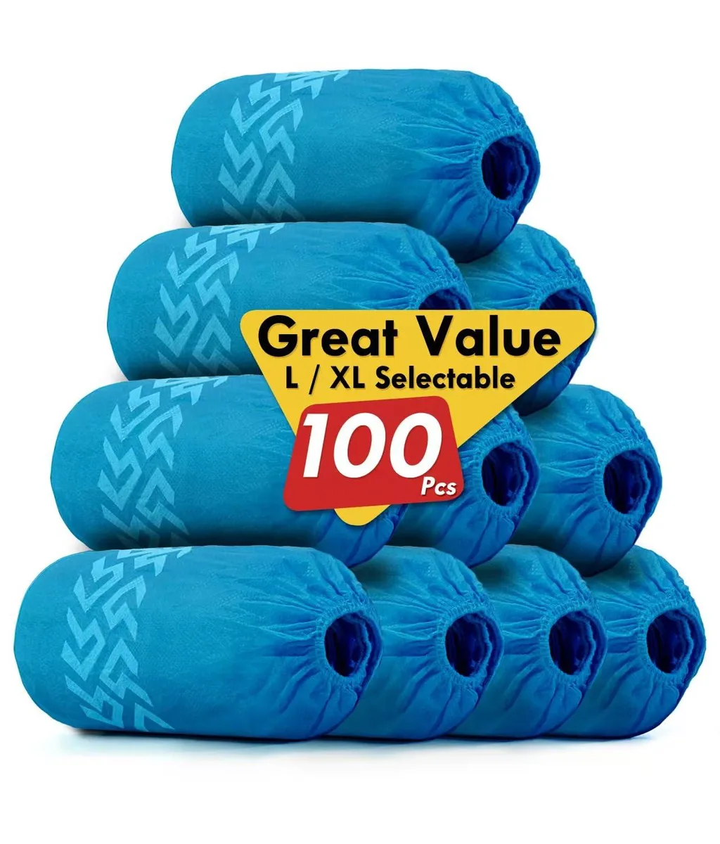 Blue disposable shoe covers, 100 pack, XL 27 inch non-woven fabric with elastic band