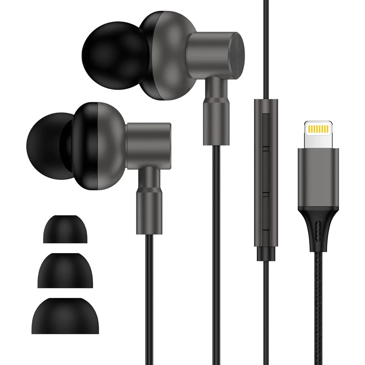 Black in-ear wired earbuds with Lightning plug and magnetic backs