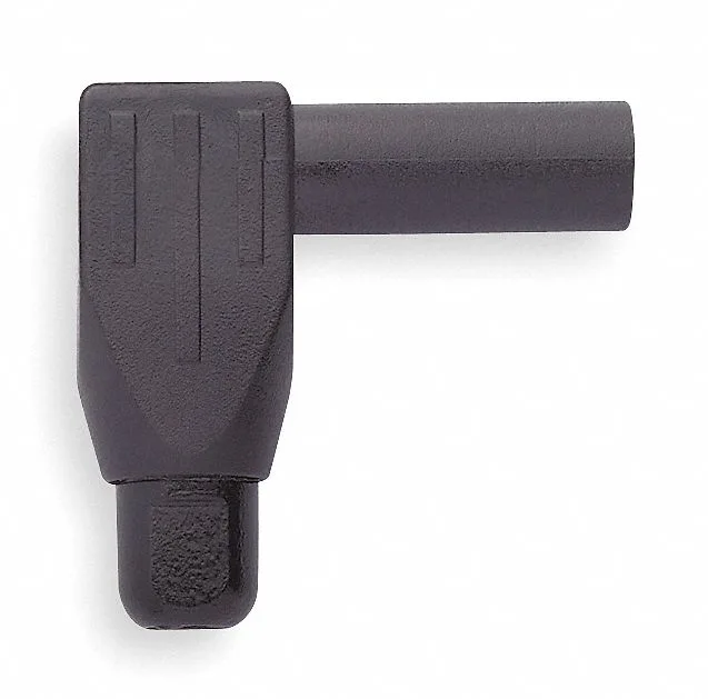 Black right-angle banana plug with nickel-plated brass contacts and beryllium copper body