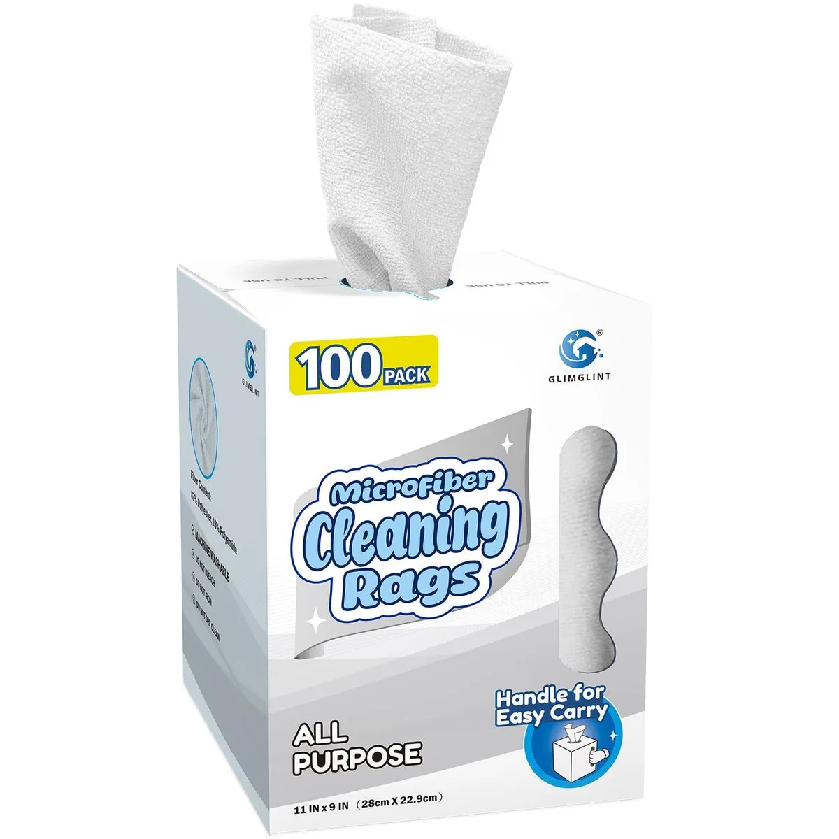 White microfiber cleaning cloths in a cardboard dispenser box, 100 pack, 11 by 9 inches