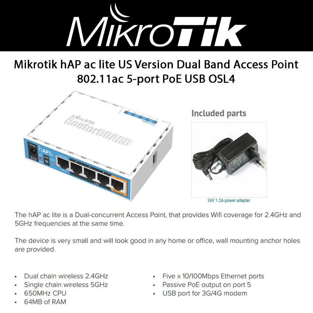 Mikrotik Mikrotik hAP ac lite RB952Ui-5ac2nD-US access point — product photo