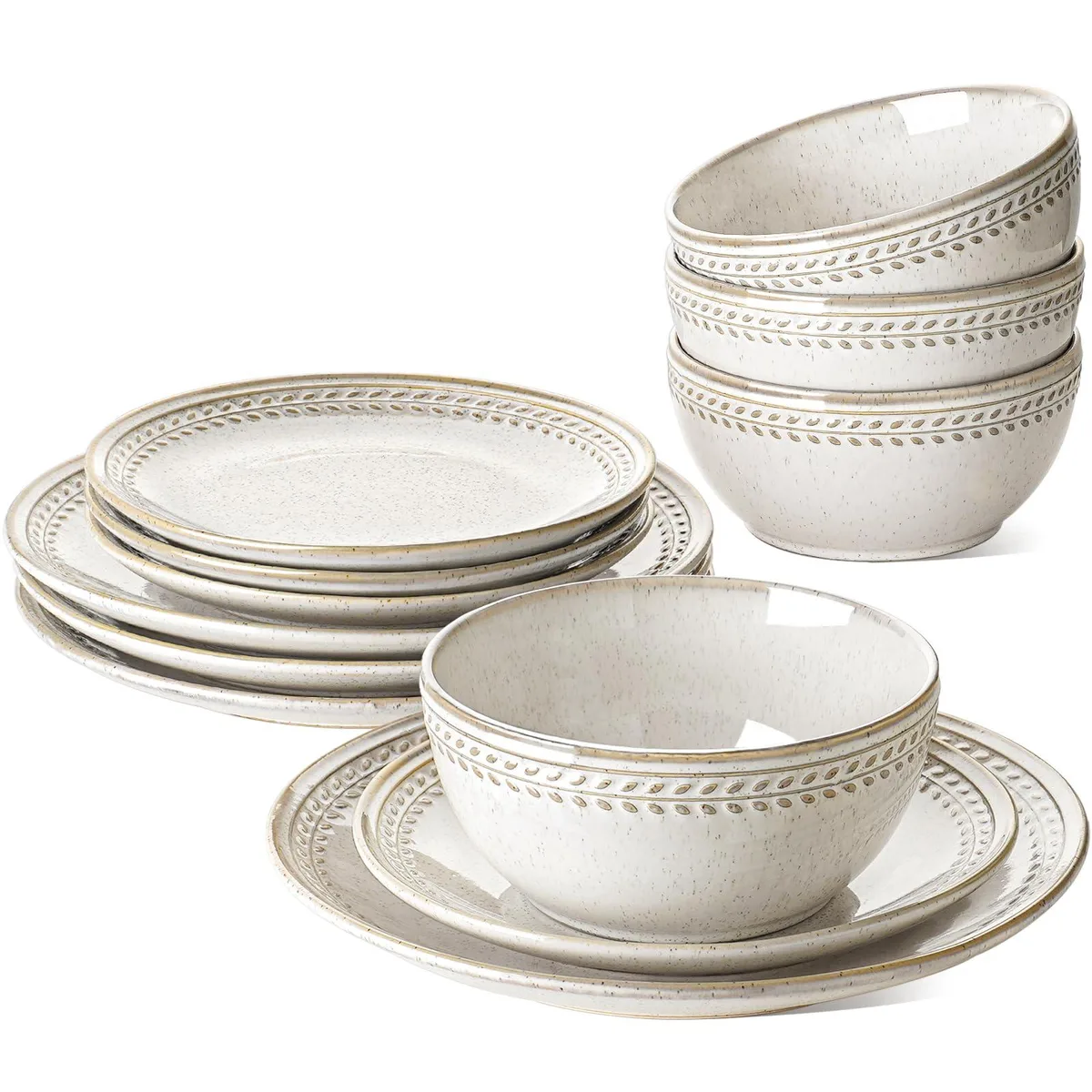 12-piece white ceramic dinnerware set with reactive beige glaze and embossed wheat design
