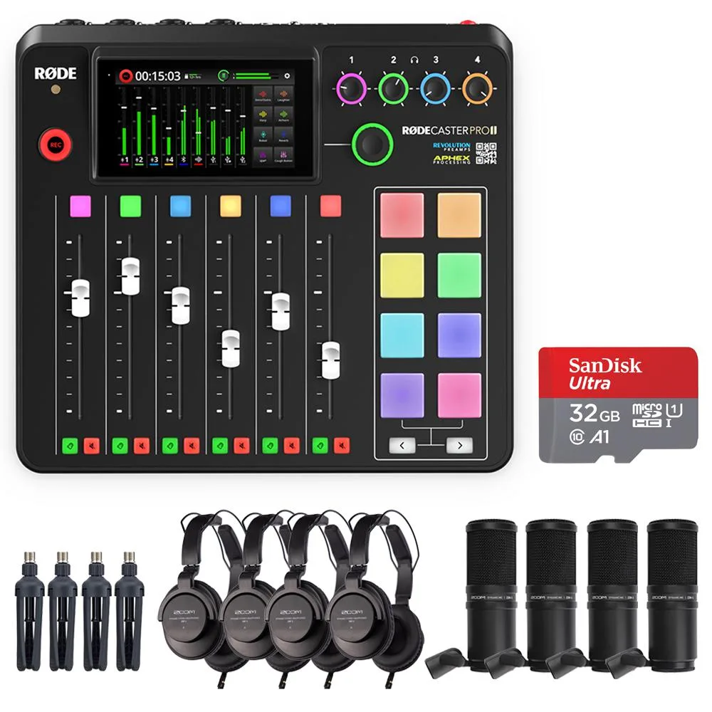 RODE Microphone RODE Microphone RODECaster Pro II MIDI with 4x Zoom ZDM-1 Podcast Mic Pack and 32GB microSDHC Memory Card — product photo