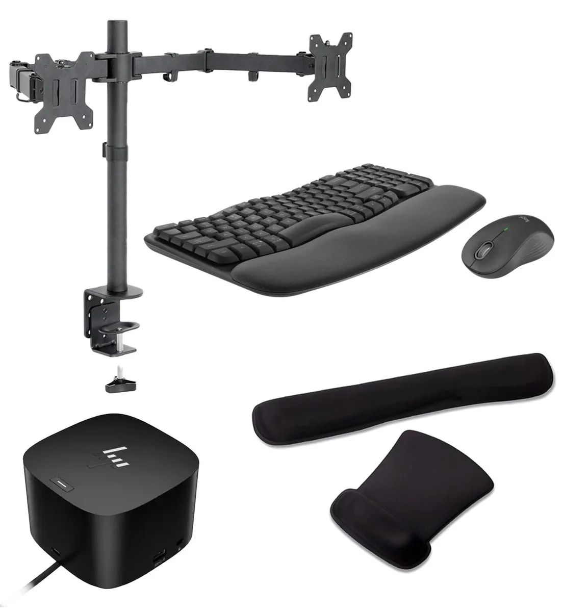 HP HP Thunderbolt G4 Dock 120W Bundle with MK670 Keyboard, Mouse, Dual Monitor Stand &amp; Gel Wrist Rest — product photo