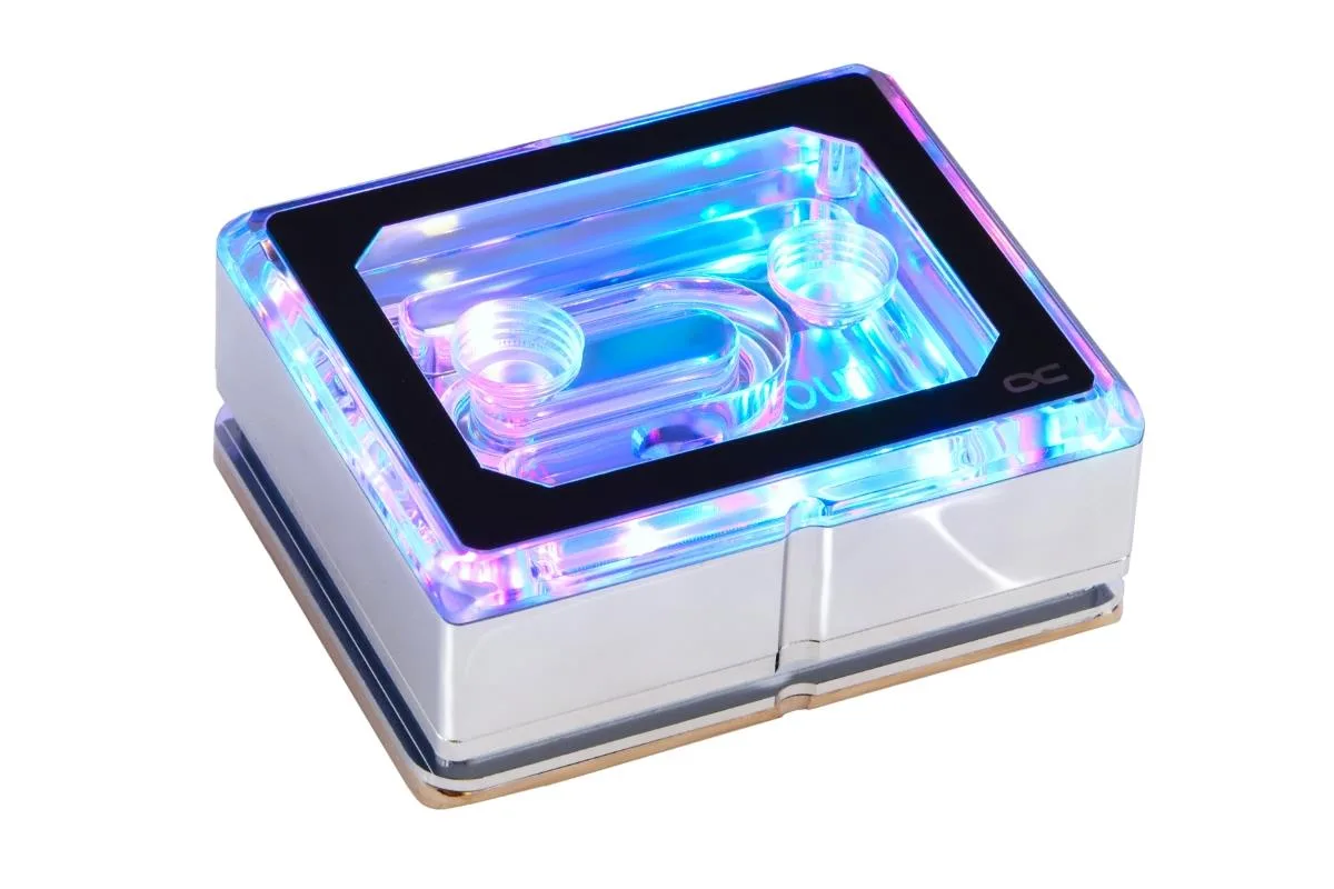 Chrome and clear acrylic CPU water block with digital RGB lighting, nickel-plated copper base, G1/4 threads, 79 by 638 by 31 mm