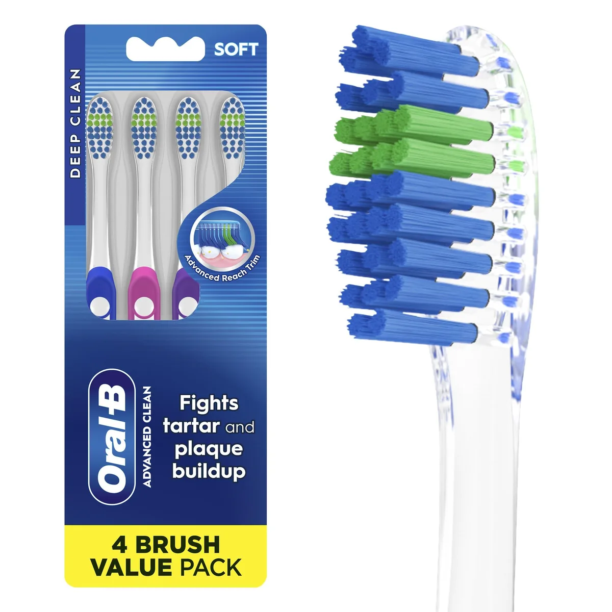 Four blue soft manual toothbrushes with indicator bristles in a pack
