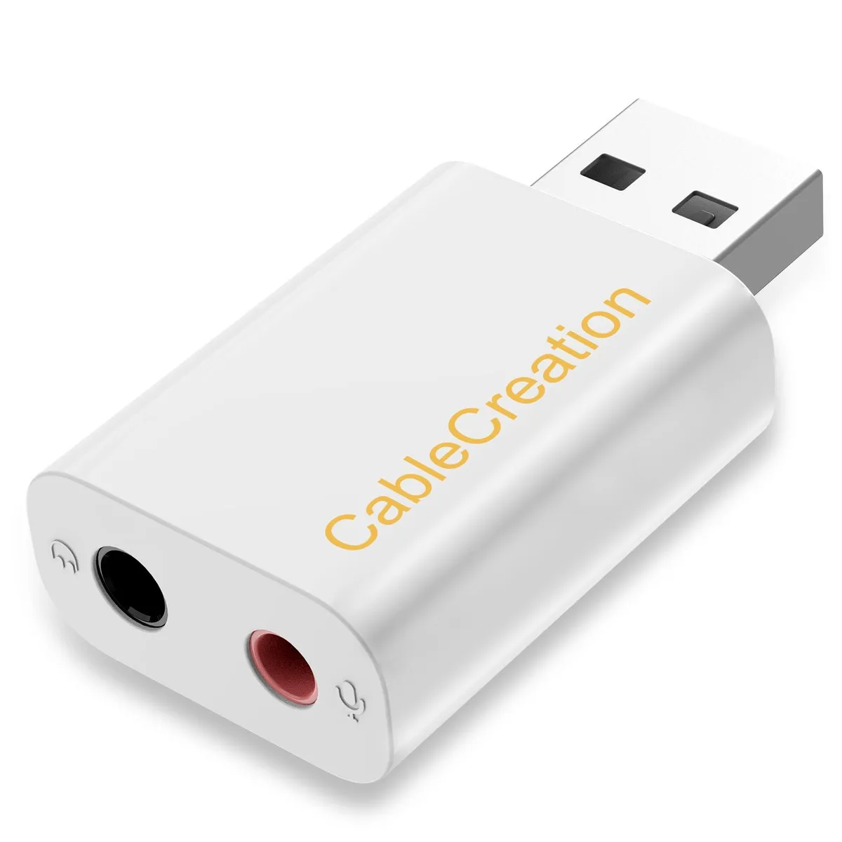 White USB audio adapter with 3.5mm headphone and microphone jacks
