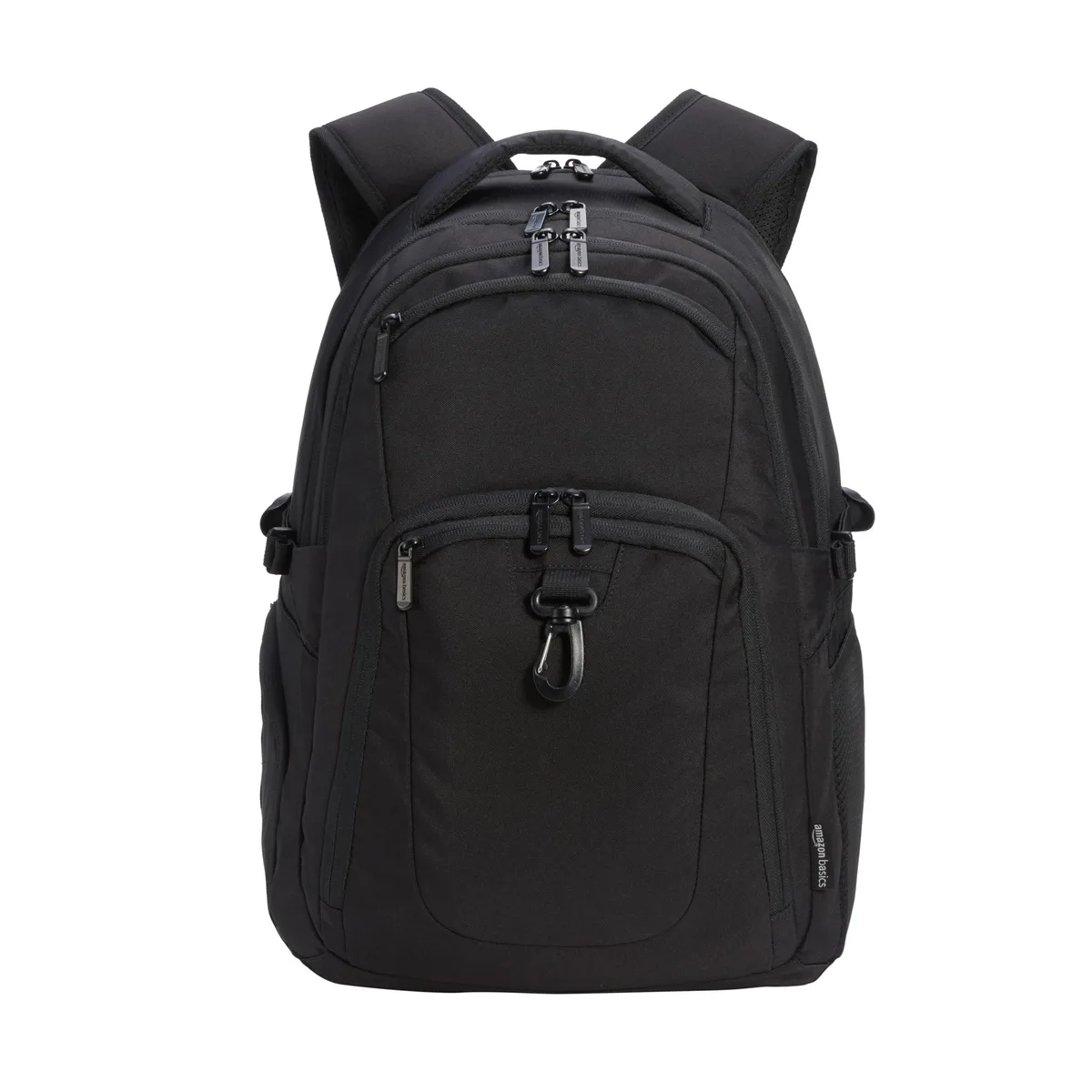 Black polyester laptop backpack with padded straps and top handle